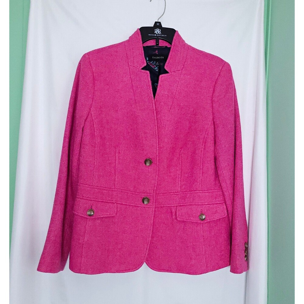 Talbots Women's Pink Herringbone Wool Blend Button Front Lined Jacket Size 12